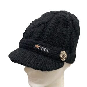 Everest Designs Black Chunky Knit Cap Brim Beanie Ski Hat Fleece Lined Nepal